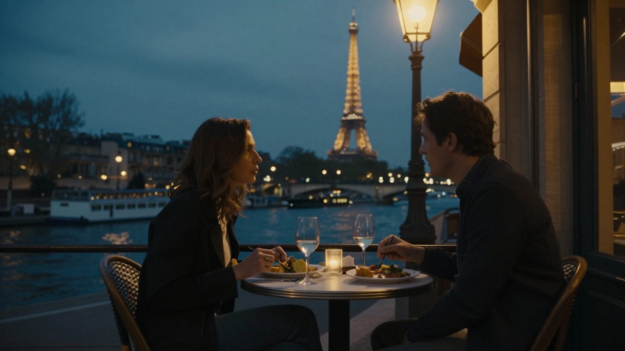 A couple enjoying a peaceful evening at a Seine-side bistro, the Eiffel Tower visible in the distant twilight.