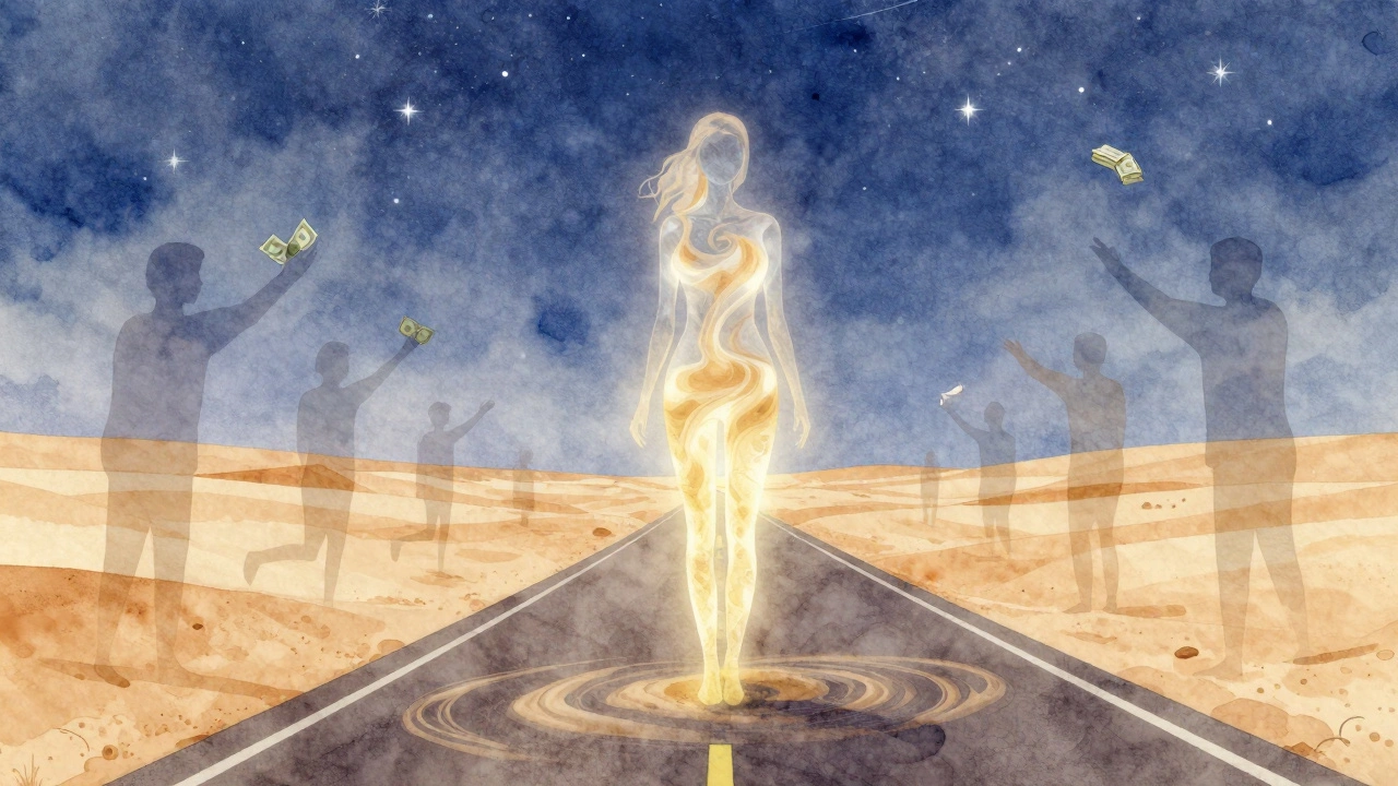 A figure made of sand and light stands in the desert, surrounded by people reaching out, symbolizing genuine connection.