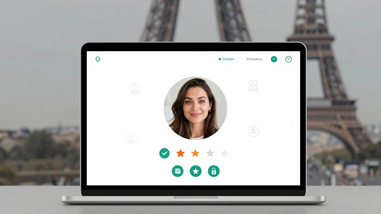 A secure online video call interface for vetted companionship services, with verification badges visible on screen.