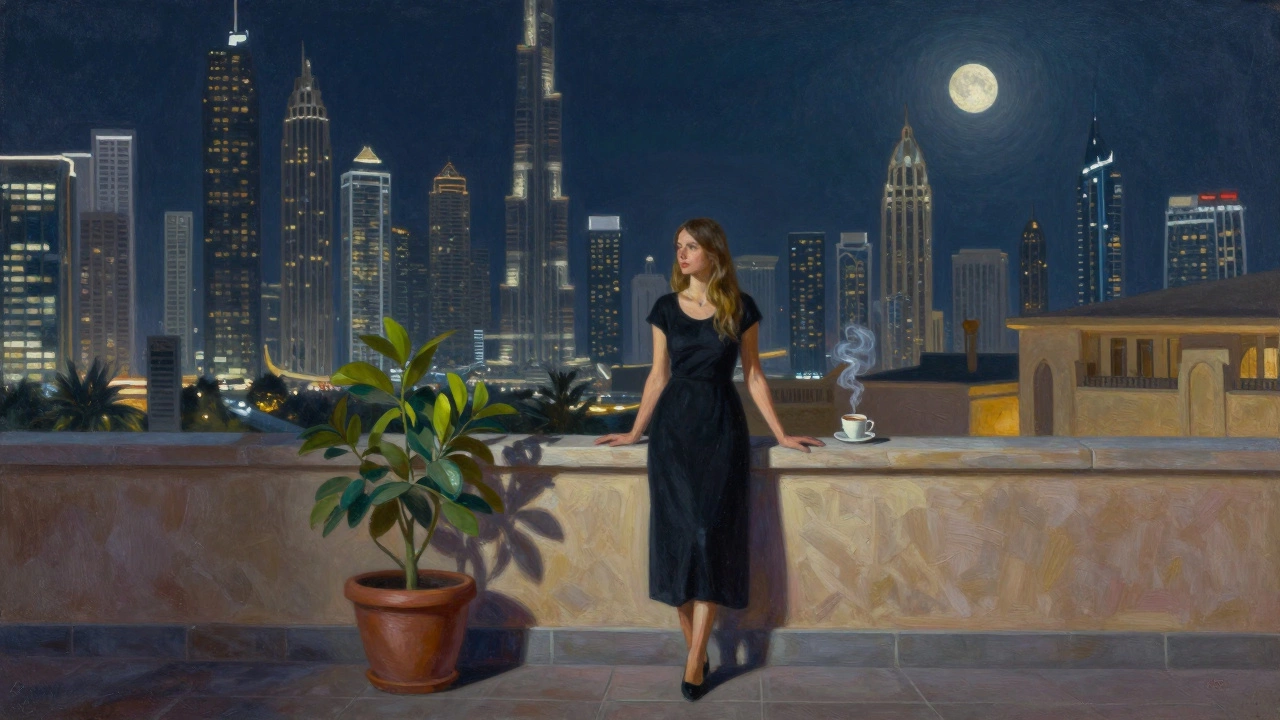 A woman stands alone on a rooftop garden at night, overlooking Dubai’s glittering skyline with calm determination.